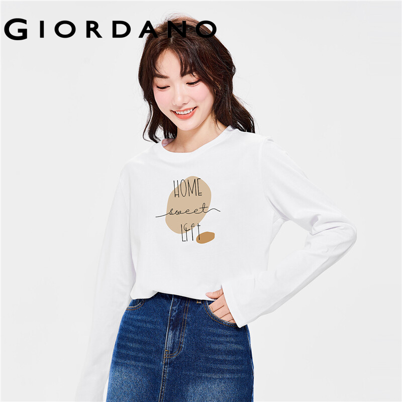 GIORDANO Women Huaxiansheng Series T-Shirts Long Sleeve 100% Cotton Simple Tee Crewneck Print Comfy Casual T-Shirts 99392189