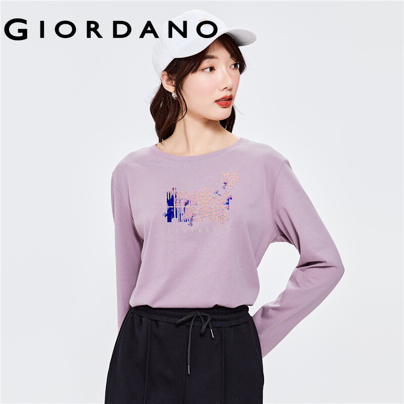 GIORDANO Women Huangshouyi Series T-Shirts Print Graphic Crewneck Simple Tee 100% Cotton Long Sleeve Casaul T-Shirts 99392152