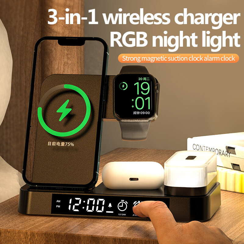 HOCE 30W 3 in 1 Qi Wireless Charger For iPhone 14 13 12 11 Pro Max XR XS X Apple Watch 8 7 6 5 4 3 2 SE Alarm Clock Fast Charging Station With LED Light For Airpods Pro 3