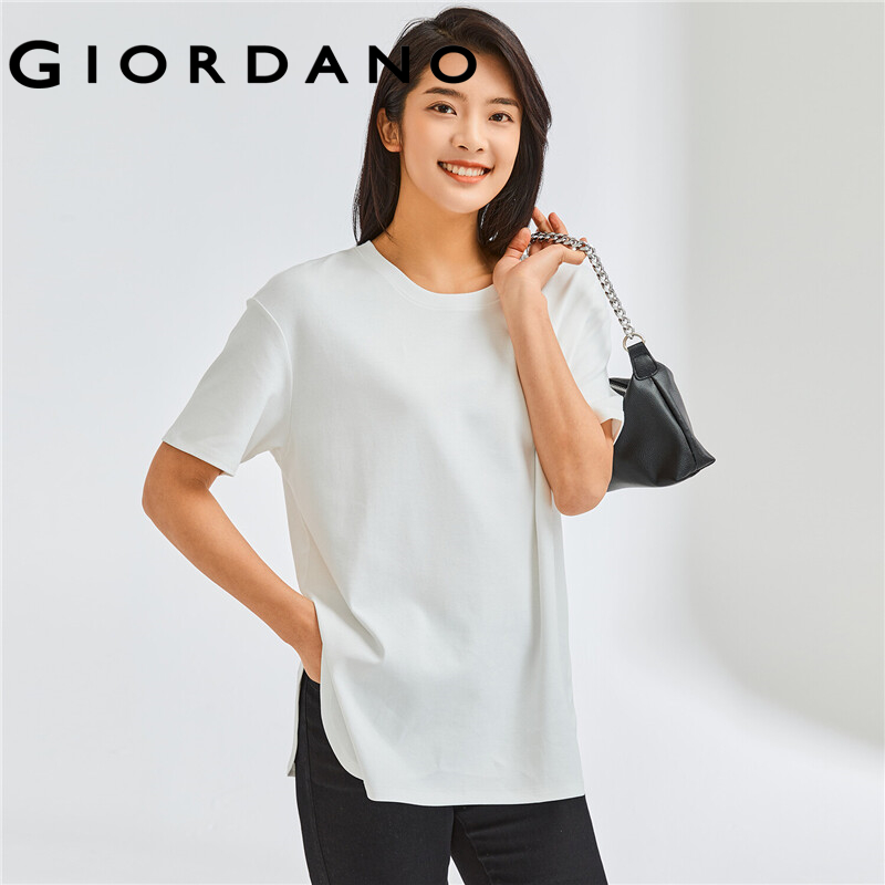 GIORDANO Women T-Shirts Long Design Solid Color Casual T-Shirts Crewneck 100% Cotton Short Sleeve Summer Relaxed Tops 05322386