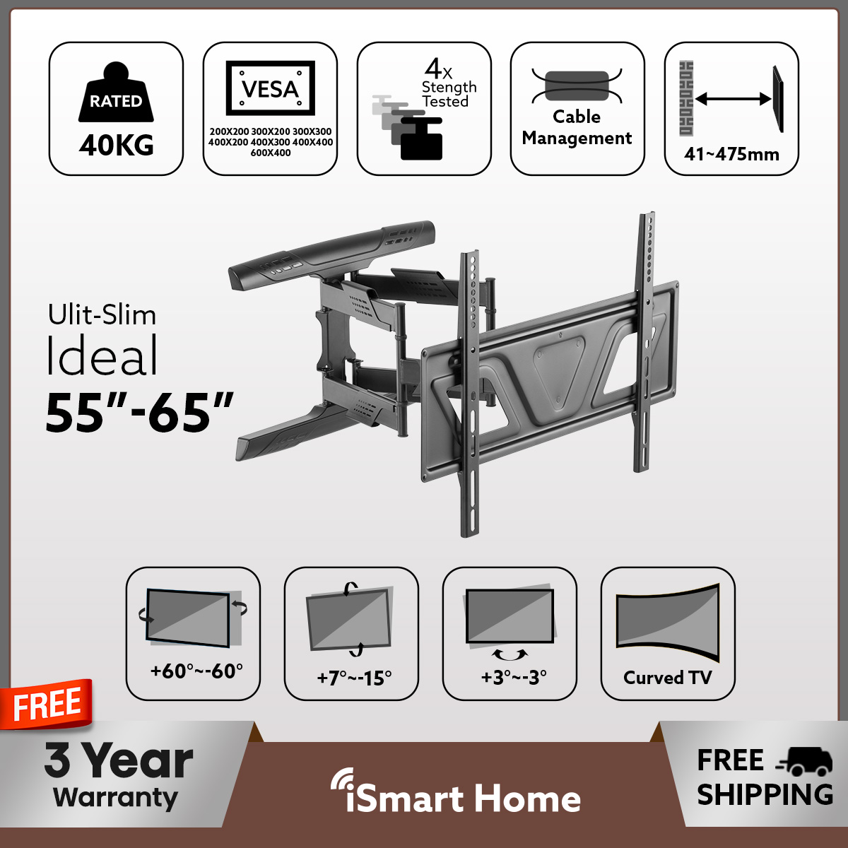 Swivel Wall Mount 55"-65"  | Ideal-Ult-Slim | FREE Delivery & Installation | 45kg